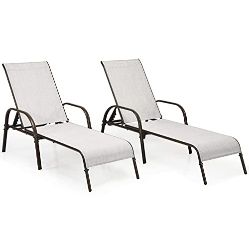 COSTWAY 2 PCS Patio Lounge Chair Chaise Adjustable Reclining Armrest Grey