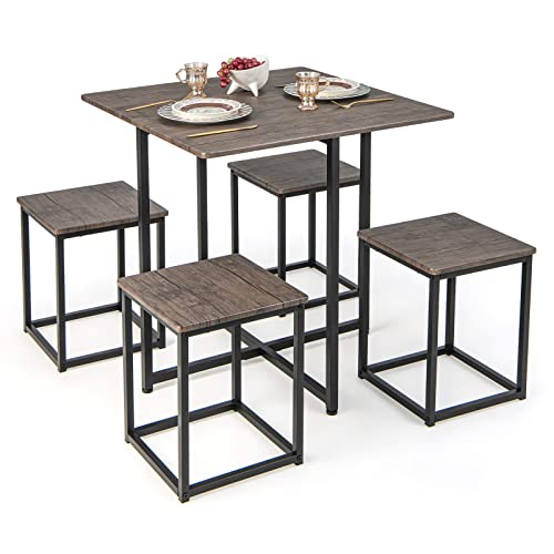 COSTWAY 5 Piece Dining Table Set, Industrial Kitchen Table Set w/ 4 Stools, Square Space-Saving Bar Table Set for Small Spaces, Apartment, Small Home KitchenHigh Table Sets w/Metal Frame, Gray