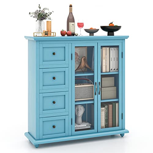 COSTWAY Sideboard Buffet Cabinet, Kitchen Storage Cabinet 4-Drawers, 2 Tempered Glass Doors, Buffet Table, Accent Cabinet for Entryway, Dining Room, Kitchen, Home, Basement, Blue