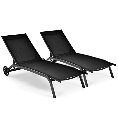 COSTWAY 2PCS Patio Lounge Chair Chaise Adjustable Back Recliner W/Wheels Black