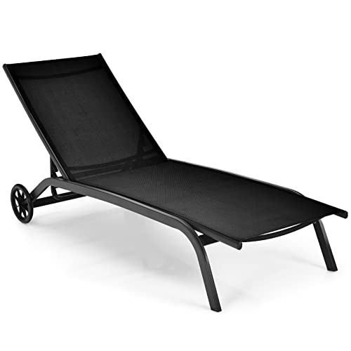 COSTWAY Patio Lounge Chair Chaise Adjustable Back Recliner Garden W/Wheel Black