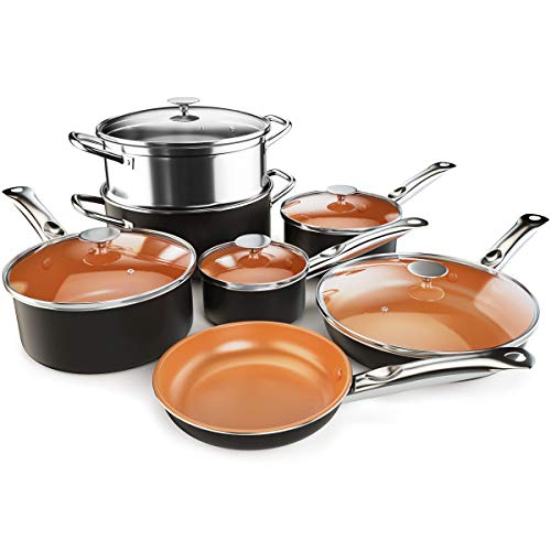 COSTWAY 12-Piece Copper Non-Stick Cookware Set, Pots and Pans Set, Fry Pan, Casserole Pot, Stock Pot with Handle & Tempered Glass Lid, Ceramic Stovetops/Induction Cooktops, Dishwasher/Oven Safe