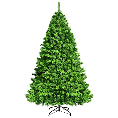 COSTWAY 7.5ft Green Flocked Hinged Artificial Christmas Tree with Metal Stand