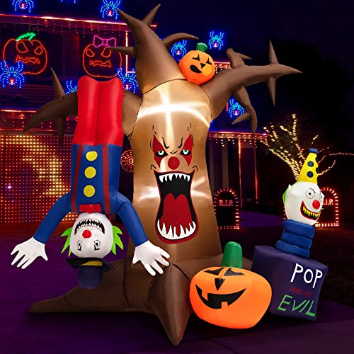 COSTWAY 8 FT Halloween Inflatable Tree Giant Blow-up Spooky Dead Tree with Pop-up Clowns