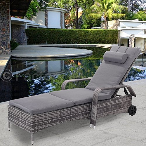 COSTWAY Outdoor Chaise Lounge Chair Cushioned Patio Furni Adjustable W/Wheels, 82.6''x30.0''x12.8''-39.5'', Grey