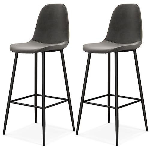 COSTWAY Bar Stools Set of 2, 29.5 Inch Soft Velvet Upholstered Bar Chairs with Backrests & Footrests, High Back Breakfast Bar Stools with Metal Legs for Kitchen Island, Pub, Grey (2, Grey)