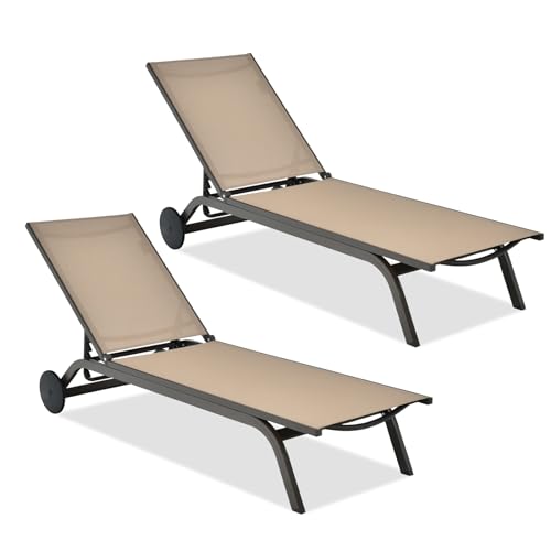 COSTWAY Outdoor Patio Chaise Lounge Set of 2,Ê6-Position Adjustable Lounge Recliner w/Aluminum Frame, Portable Outdoor Sun Bathing Lounge Chair on Wheels for Patio Poolside Backyard Garden, Brown