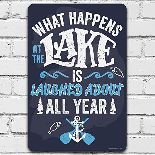 What Happens At The Lake - Great Lake House Decor, Cabin and Lake Life Art Print, Lake Decorations for Summer Home, Boating and Fishing Sign,12x18 Use Indoors or Outdoors Durable Metal Sign