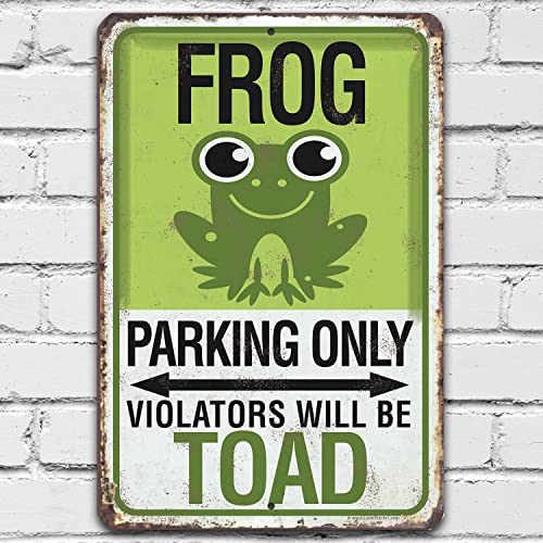 Frog Parking Sign - Great Garage Decor and Funny Bathroom Signs, Garden and Yard Decoration, Great Housewarming Frog Gifts, 12x18 Indoors or Outdoors Durable Rustic Metal Sign