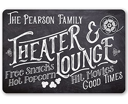 Personalized Theater and Lounge - Great Home Movie Theater Accessories, Happy Hour Sign, Customized Housewarming Gift, 8x12 or 12x18 Use Indoors or Outdoors Chalkboard Look Durable Metal Sign