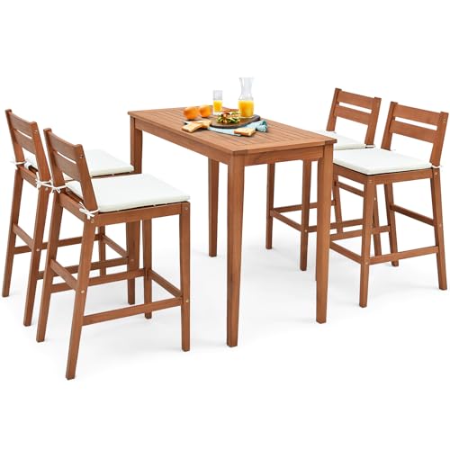 COSTWAY 5 Piece Outdoor Bar Set, Patio Eucalyptus Wood Bar Height Table & Barstools, Soft Seat Cushions, Wood Dining Bar Set for Backyard, Poolside, Balcony (5 Pieces)