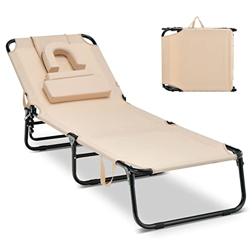 COSTWAY Beach Chaise Lounge Chair w/Face Hole Pillows & 5-Position Adjustable Backrest Beige