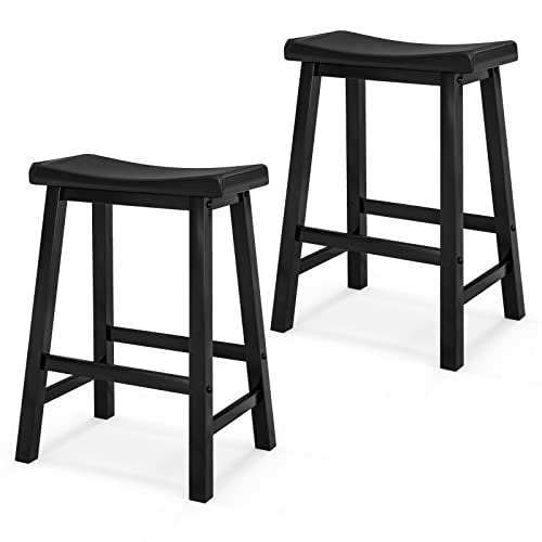 COSTWAY Saddle Stools Set of 2, 24-inch Counter Height Barstools with Solid Wood Legs & Footrests, Modern Backless Stools with Saddle Seat for Kitchen Counter, Island, Home Bar, Black