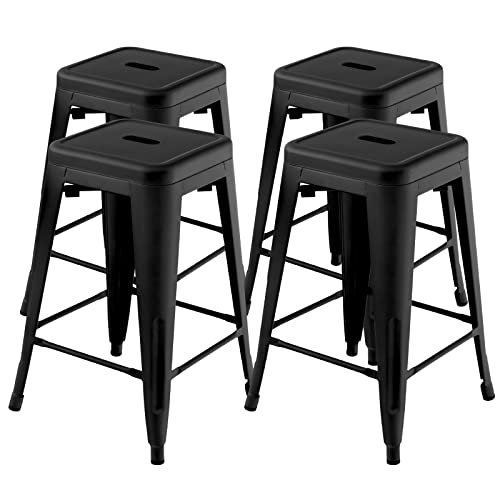 COSTWAY Bar Stools Set of 4, 24Ó Stackable Metal Stools with Square Seat & Handing Hole, X-Shaped Reinforced Design, Backless Bar Chairs for Kitchen, Dining Room, Pub (Black, 24ÔÕ)