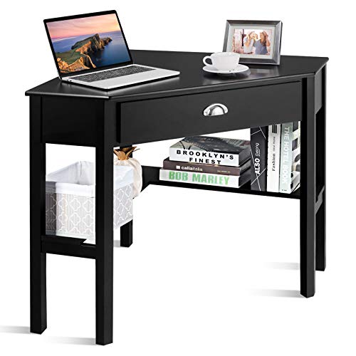 COSTWAY Corner Desk, Writing Corner Computer Desk with Drawer for Small Space, Wood Makeup Vanity Desk, Small Corner Desk with Shelves, Office Study Workstation, White Corner Desk (Black)