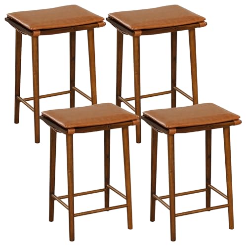 COSTWAY Rustic Bar Stools Set of 4, 25.5-inch Height Backless Stool with Footrest, Removable PU Leather Cushion, Rubber and Acacia Wood Frame, Counter Dining Chairs for Kitchen Island Pub Cafe, Brown