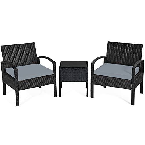 COSTWAY 3PC Patio Rattan Furniture Set Coffee Table Conversation Sofa Cushioned Grey