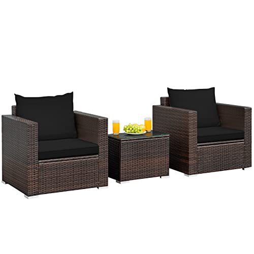 COSTWAY 3PCS Patio Rattan Furniture Set Conversation Sofa Cushioned Black