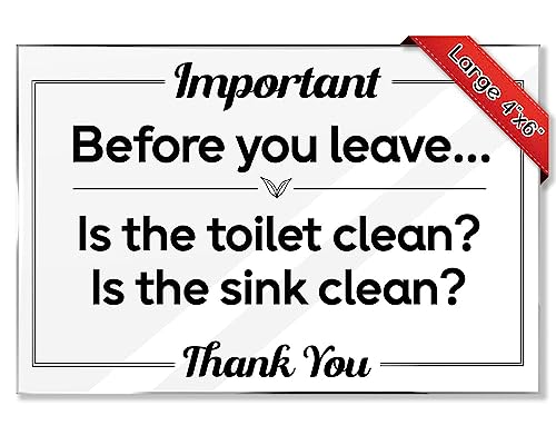 Airbnb Essentials for Hosts Bathroom Signs - Before You Leave Are The Toilet and Sink Clean? - 5-Pack 4"x6" Acrylic Sign w/Mounting Tape - Bathroom Sign Rental Home Necessities - Bathroom Door Signs