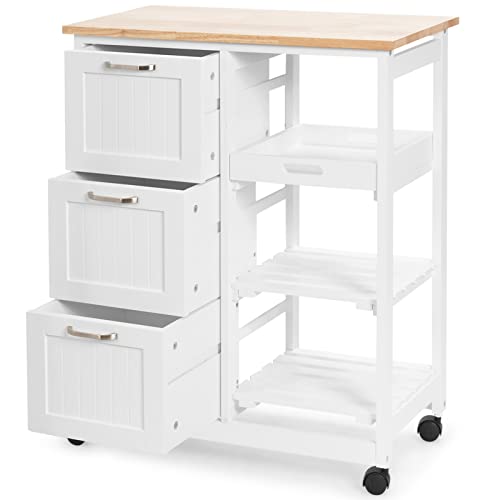 COSTWAY Kitchen Storage Island Cart on Wheels, Kitchen Rolling Trolley Cart with 3 Drawers and Shelves, 360¡ Wheels & Detachable Tray, Kitchen Island for Dining Room, Living Room & Bedroom