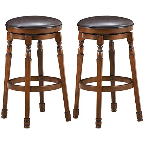 COSTWAY Backless Bar Stools Set of 2, 29-Inch Counter Height Round Stool with 360¡ Swivel Cushioned Seat, Soft PU Leather Barstool with Sturdy Natural Rubber Wood, Easy Assemble for Home Pub Cafe