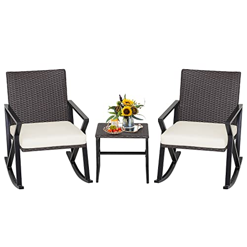 COSTWAY 3PCS Patio Rattan Wicker Rocking Chairs Table Bistro Set Cushioned Rocker Garden