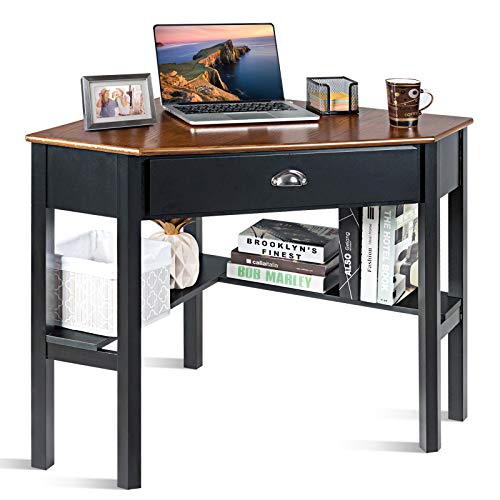 COSTWAY Corner Desk, Writing Corner Computer Desk with Drawer for Small Space, Wood Makeup Vanity Desk, Small Corner Desk with Shelves, Office Study Workstation, White Corner Desk (Brown)