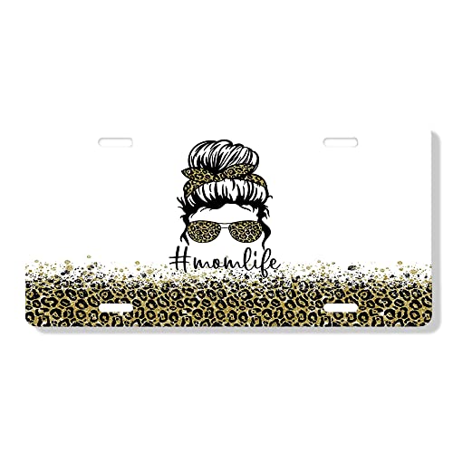 Vanity Decorative Front License Plate - Cute Car License Plate Made in the USA - Aluminum Metal Plate - Premium Quality Car Plate with 4 Mounting Holes - Front Plate for Car (Leopard Print Mom Life)