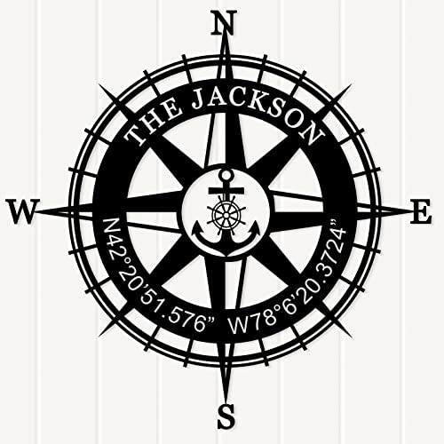 Nautical Compass Wall Decor Sign Nautical Wall Decor Boat Lake or Beach House Signs Custom Longitude and Latitude GPS Coordinates Metal Sign Anchor Signs Compass Last Name Sign Housewarming Gift