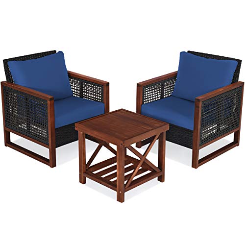 COSTWAY 3PCS Patio Wicker Furniture Set Wooden Frame Cushion Sofa Shelf Navy