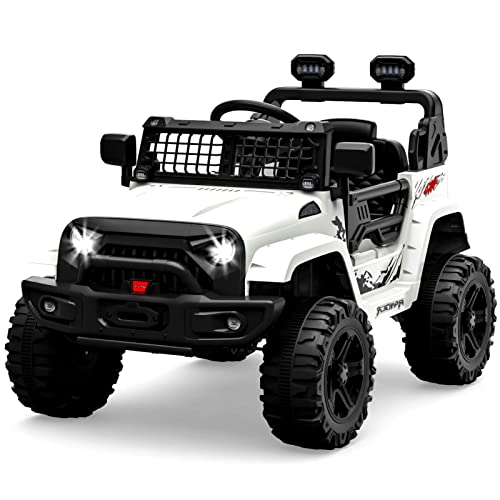 Ride on Truck Car 12V Kids Electric Vehicles with Remote Control Spring Suspension, LED Lights, Bluetooth, 2 Speeds (White)