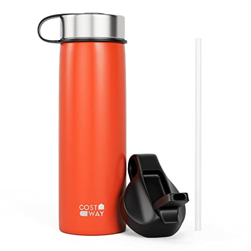 COSTWAY 22 oz Insulated Water Bottle, Stainless Steel with 2 Lids & Straw, Double Walled Insulated Water Flask for Hot & Cold Drinks, Suitable for Backpack, Hiking, Camping, Office (Orange)