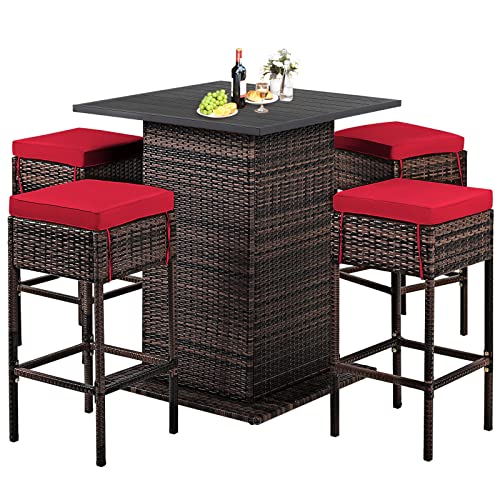 COSTWAY 5PCS Patio Rattan Bar Table Stool Set Hidden Storage Shelf Cushion Red