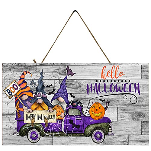 Twisted R Design Halloween Wood Sign Home Decor Art Accessories Signs Wall Hanging Living Room Kitchen Wall Decor Funny SIgn (10 x 5 inches, Hello Halloween Gnome Truck)