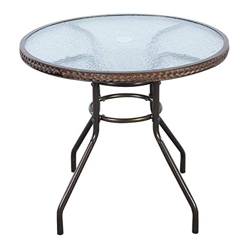 COSTWAY 31.5" Patio Outdoor Round Wicker Covered Edge with Tempered Glass Top and Umbrella Insert Coffee Dining Table Furniture for Lawn Garden Pool Steel Frame Commercial Part, Brown