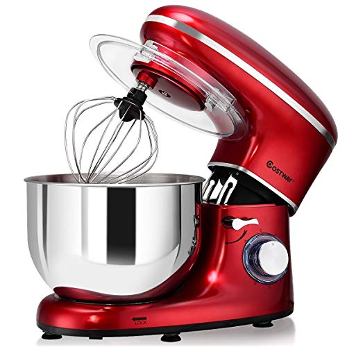 COSTWAY Stand Mixer, 6.3-Qt 660W 6-Speed Electric Mixer with Stainless Steel Bowl, Tilt-Head Food Mixer with Dough Hook, Beater, Whisk (Red)