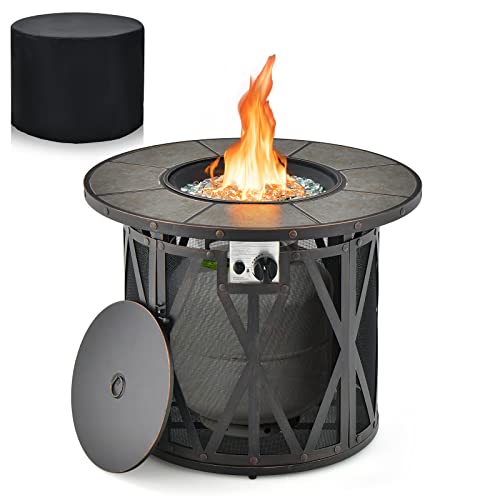 COSTWAY 32 Inch Outdoor Fire Pit Table, 30,000 BTU Round Metal Fire Table with Lid & PVC Cover & Glass Stones, CSA Approved, Fire Pit Table for Patio Garden Backyard Deck