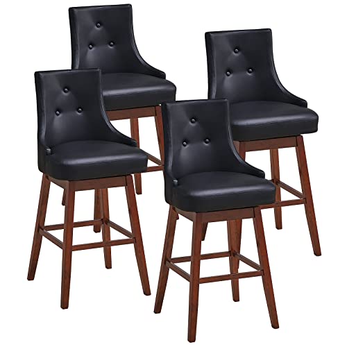 COSTWAY Bar Stools Set of 4, 29Ó Upholstered Swivel Bar Stools with Button Tufted Backrest, Cushioned Seat, Footrest, Solid Rubber Wood Legs, Seat Height Armless Bar Chair for Kitchen Island, Bar (4)