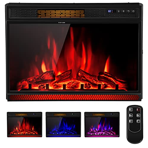 COSTWAY Electric Fireplace Insert 28-Inch Wide, 900/1350W Recessed and Freestanding Heater with Remote Control, 3 Flame Colors, 4 Brightness, Adjustable Temperature, Electric Fireplace for Indoor Use