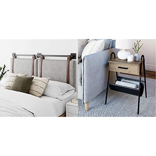 Nathan James Harlow Wall Mount Headboard, Queen, Gray & Hugo Wood Nightstand, Rustic Accent End or Side Table with Drawer, Durable Black Metal Frame & Leather Hammock, Gray