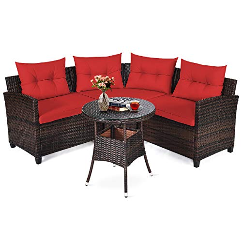 COSTWAY 4PCS Outdoor Patio Rattan Furniture Set Cushioned Sofa Table Red