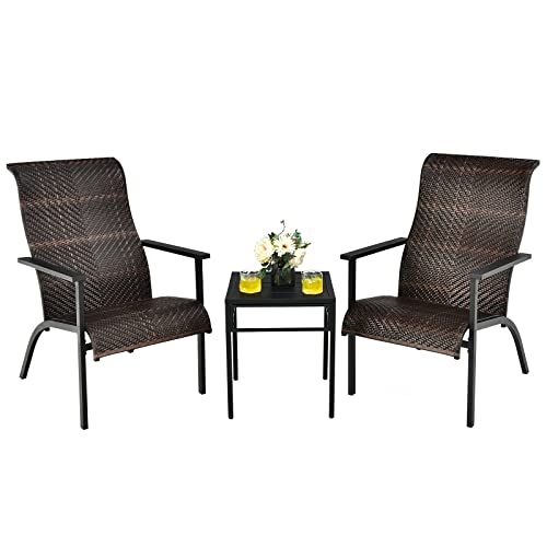 COSTWAY 3 PCS Patio Rattan Bistro Set High Backrest Armrest SideTable Mix Brown