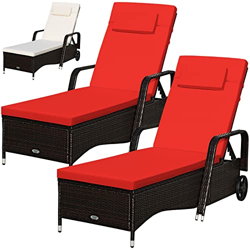 COSTWAY 2PCS Patio Rattan Lounge Chair Chaise Recliner Adjust w/Red & Off White Cover