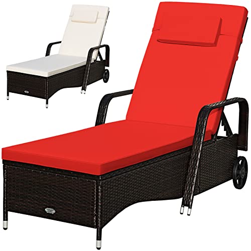 COSTWAY Patio Rattan Lounge Chair Chaise Recliner Adjust Cushion Red & Off White Cover