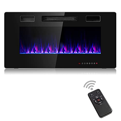 COSTWAY 36-Inch Electric Fireplace, 750W/1500W Wall Recessed and Mounted Fireplace Insert with Remote Control, 12 Flame Colors, 5 Brightness Settings, 8 H Timer, Fireplace Heater for Indoor Use