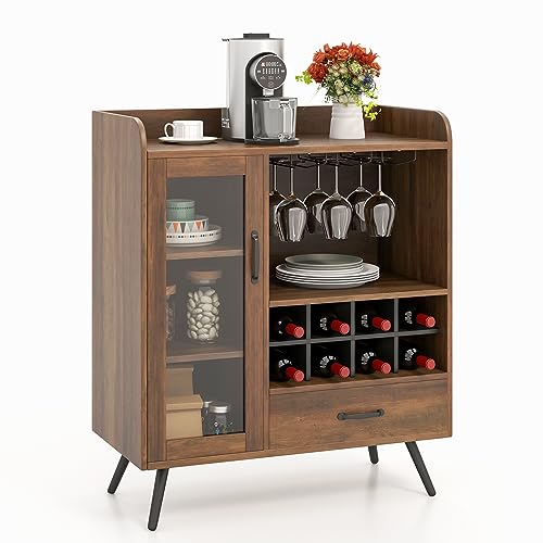 COSTWAY Wine Storage Cabinet, Bar Buffet Cabinet with 3-Row Wineglass Holder, Removable Wine Rack, Tempered Glass Door & Anti-Tipping Kit, Kitchen Sideboard for Dining Room & Living Room, Rustic Brown