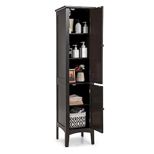 COSTWAY Tall Bathroom Storage Cabinet, 5-Tier Freestanding Linen Tower Cabinet with 2 Doors, Wooden Side Storage Organizer, Narrow Slim Floor Cabinet for Bathroom, Living Room, Kitchen (Brown)