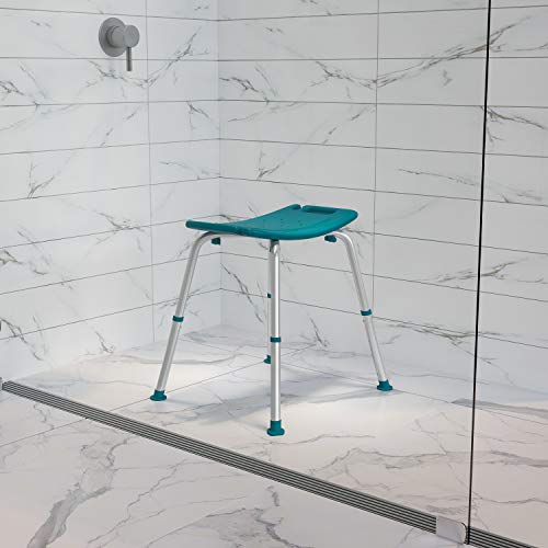 Flash Furniture HERCULES Series Tool-Free and Quick Assembly, 300 Lb. Capacity, Adjustable Teal Bath & Shower Chair with Non-slip Feet