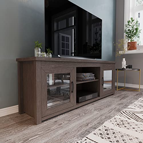 Flash Furniture Sheffield TV Stand up to 80" TVs - Modern Black Wash Finish & Full Glass Doors - 65" Engineered Wood Frame - 3 Height Adjustable Shelves