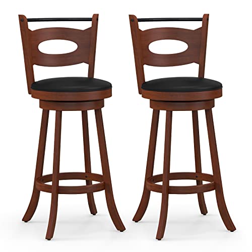 COSTWAY Bar Stools Set of 2, 30Ó Swivel Bar Height Bar Stools with Curved Backrest & Round Seat Cushions, Extra Footrests & Anti-Slip Foot Pads, for Kitchen Islands, Brown (2, 30 inch)